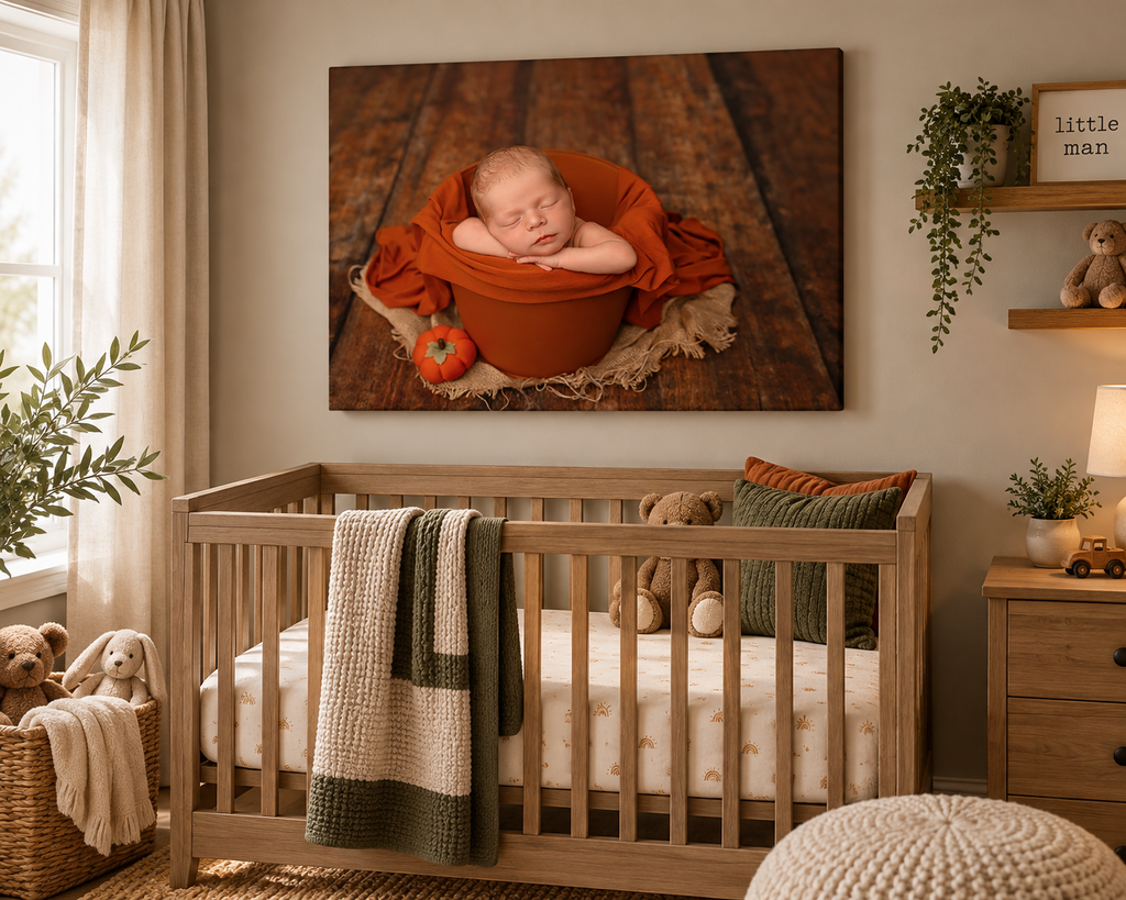 baby boy photo on nursery wall