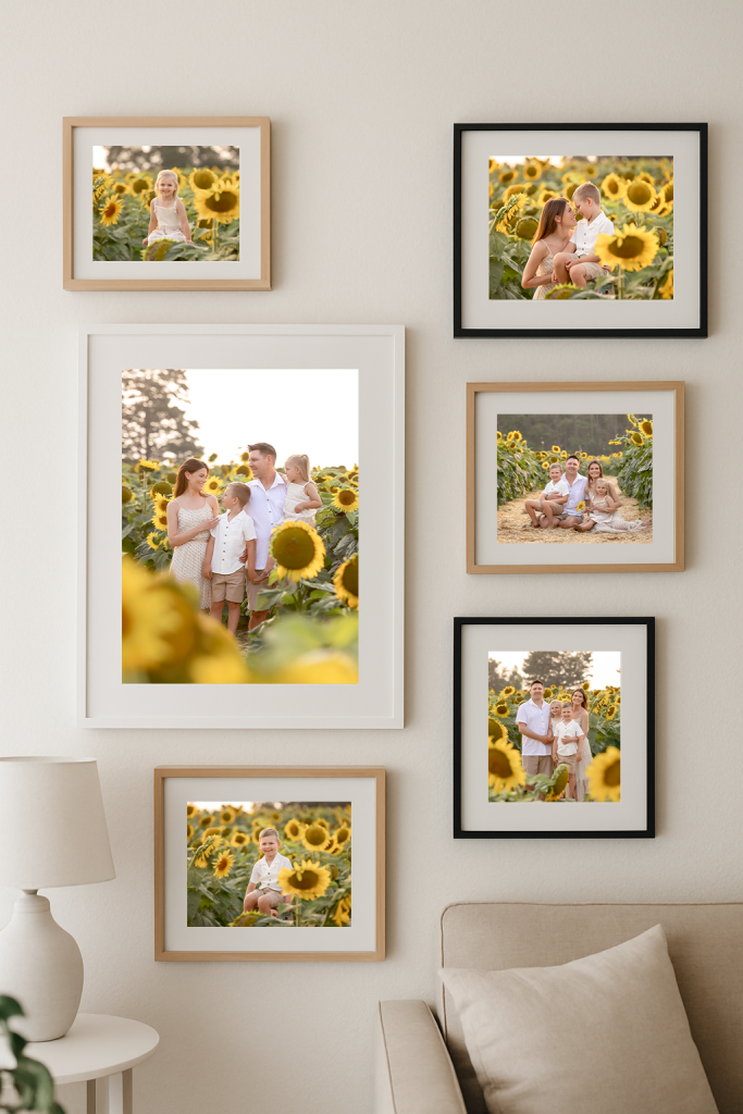 Family photos on a livingroom wall