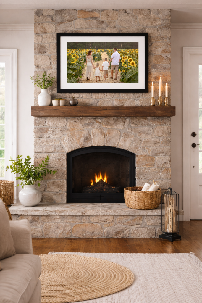 sunflower family photo framed over fireplace