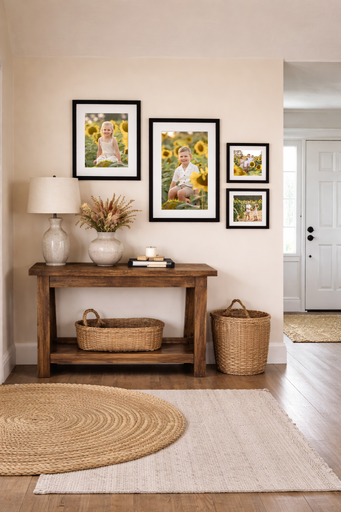 Sunflower photos hung in entrance way