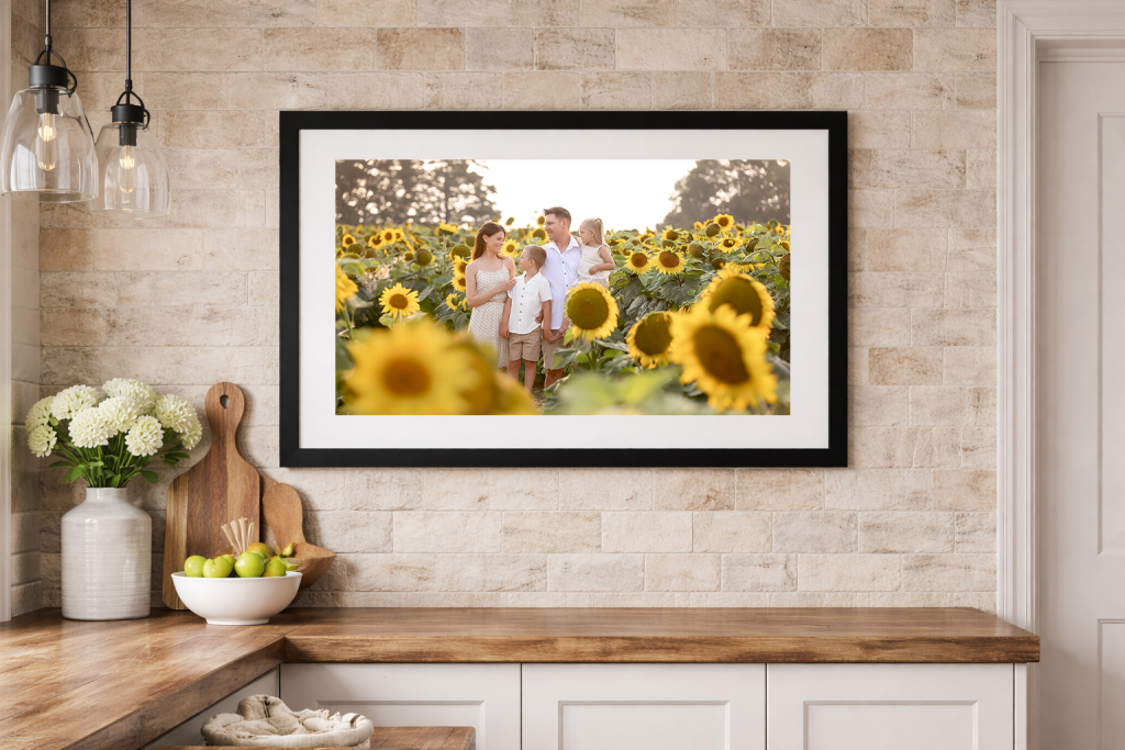 Summer Family photo in Kitchen with sunflowers
