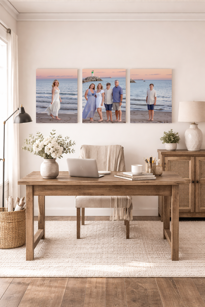 Beach family photos hung in office