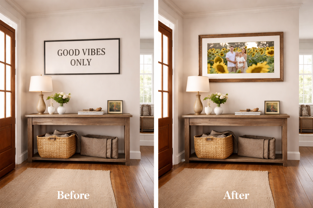 Before and after photo show casing how much a family photo can warm up a space rather then a poster.