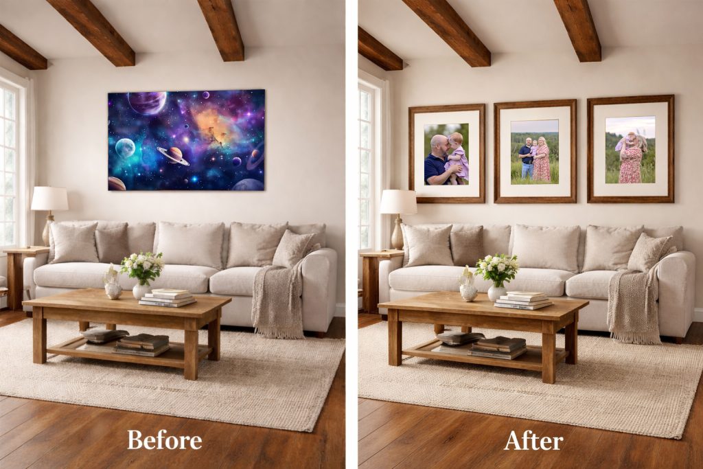 Before and after photo show casing how much a family photo can warm up a space rather then a poster in a livingroom.
