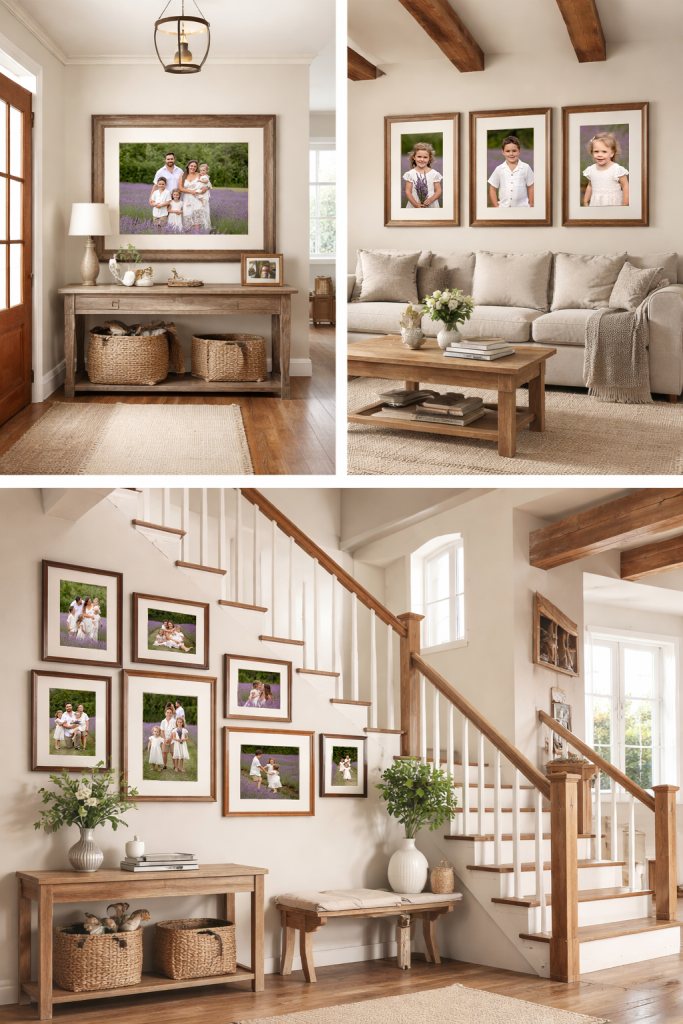 Family photos in frames hung family home